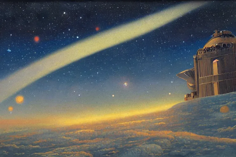 Image similar to beautiful painting of rosalina's comet observatory, soft light, digital painting by ralph mcquarrie and walter crane