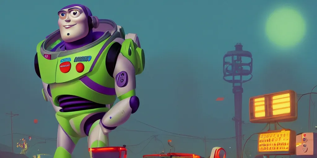 Image similar to buzz lightyear, simon stalenhag