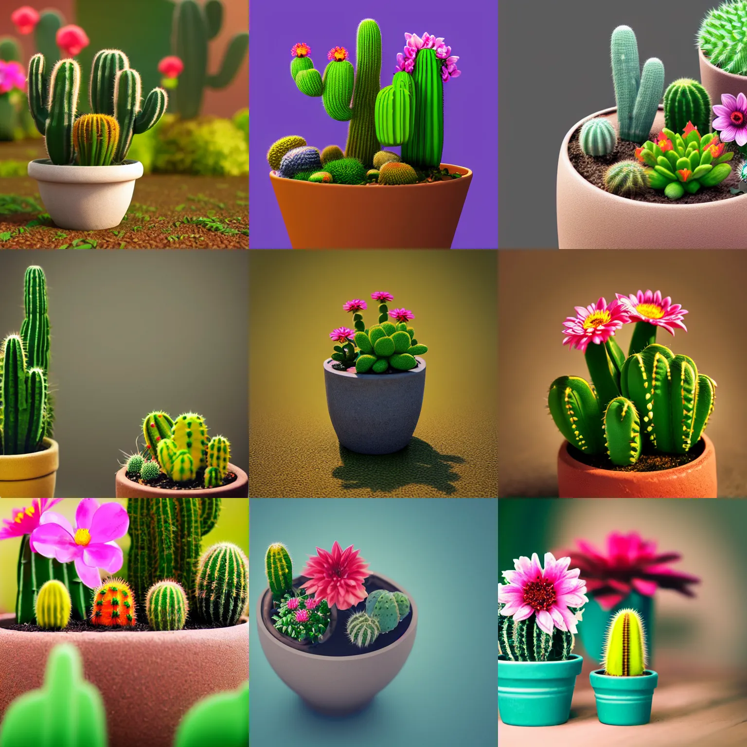 Prompt: a isometric macro photo of a beautiful flower pot with different plants, cactus and flowers, a little gnomo, a lot of sub surface scatering, higly detailed, octane, trending artstation, bokeh effect