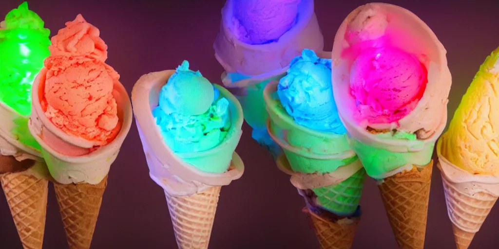 Image similar to ice cream cone with 3 scoops of ice cream and rgb lights embedded in the cone, cyberpunk, high quality, ue 5.