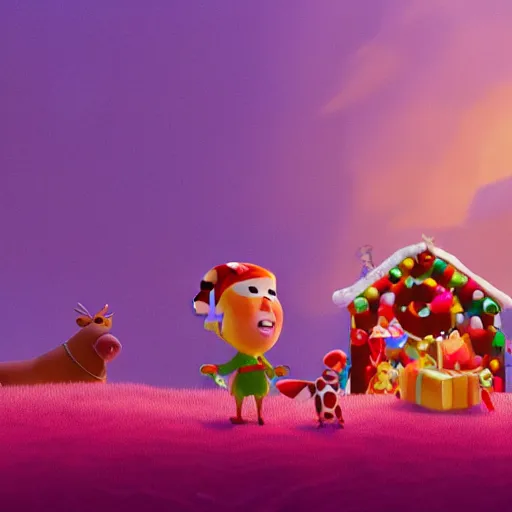 Image similar to Animated film still from a Pixar movie with a Candy land forest during christmas time with anthropomorphic ginger bread people and candy people, rivers made out of chocolate milk, the sky is pink, style of Pixar, Surreal, Angelic, HD, Hyper Realistic