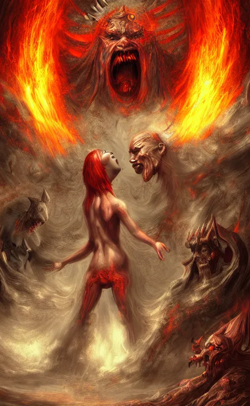 Image similar to Meeting God in Hell, digital art, trending on art station