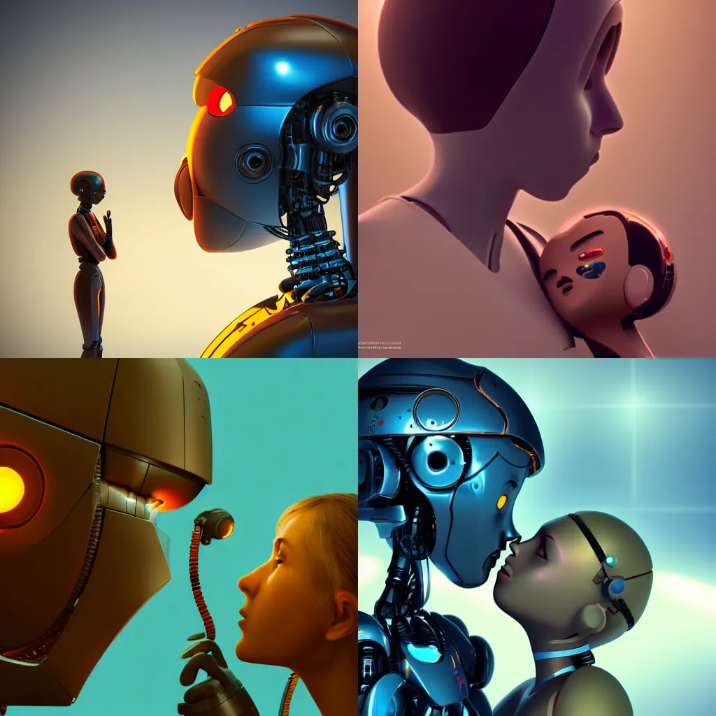 Prompt: girl kissing a robot, closeup, intimate, back light, 70mm, by Dan mcpharlin, 8k render, cgsociety,