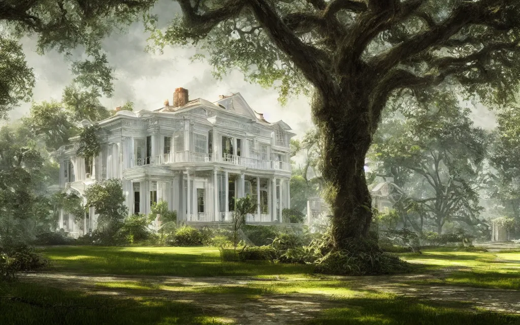 Image similar to a white manor house on a lush southern plantation with a tree-lined driveway, romanticism, hyperdetailed, artstation, cgsociety, 8k, masterpiece, sharp