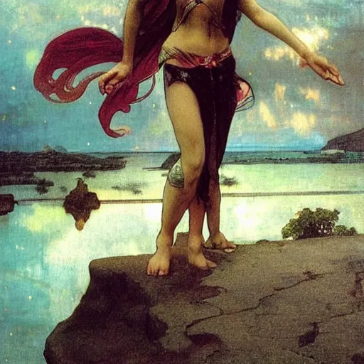 Image similar to Demon girl riding the horse at the palace, refracted sparkles, thunderstorm, greek pool, beach and Tropical vegetation on the background major arcana sky, by paul delaroche, alphonse mucha and arnold böcklin, hyperrealistic 8k, award-winning, very very very detailed