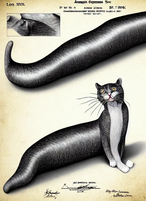 Image similar to an anatomically correct scheme of the long cat, highly detailed, patent illustration, digital illustration, concept art, smooth, sharp focus