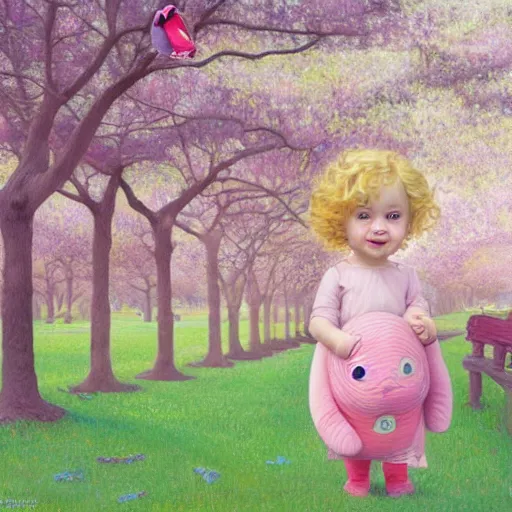 Prompt: a beautiful happy little blonde toddler girl with short curly hair at the park on a beautiful day in the shade, holding a round all-pink stuffed penguin, by Dan Mumford, Junji Murakami, Mucha Klimt, Hiroshi Yoshida and Craig Mullins, featured on Artstation, CGSociety, Behance HD, Deviantart