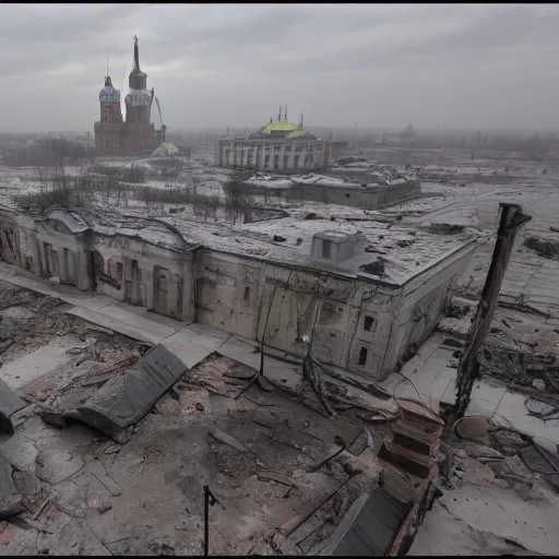 Image similar to A photo of post-apocalyptic Kremlin after the nuclear explosion in Moscow, 4k