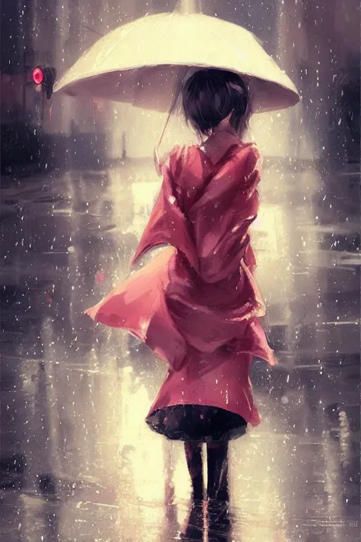 Prompt: cute girl in the rain under an umbrella, by wlop, concept art, poster