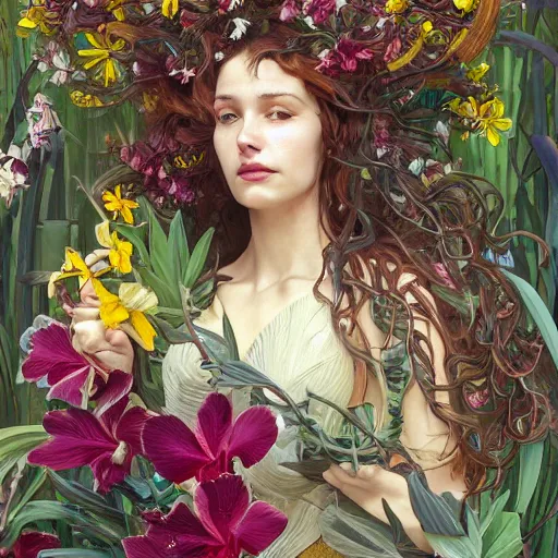 Image similar to a beautiful fine art portrait photo of a resting cyborg, wavy hair spread out, surrounded by hibiscus, daffodils, moth orchids, montsera leaves by alphonse mucha and zach sutton, soft lighting, very detailed, deep depth of field, artstation, 4K