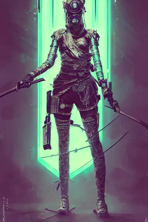 Prompt: a janissary, cyberpunk futuristic neon. fencing, long sword in her hand, decorated with traditional japanese ornaments by ismail inceoglu dragan bibin hans thoma greg rutkowski alexandros pyromallis nekro rene maritte illustrated, perfect face, fine details, realistic shaded, fine - face, pretty face, masterpiece