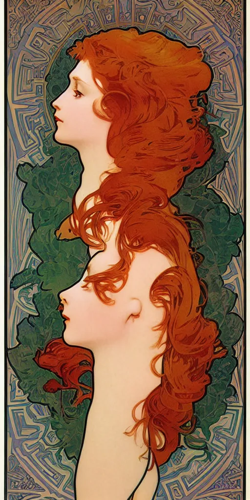 Image similar to highly detailed redhead woman poster style by designer alphonse mucha, maxfield parrish