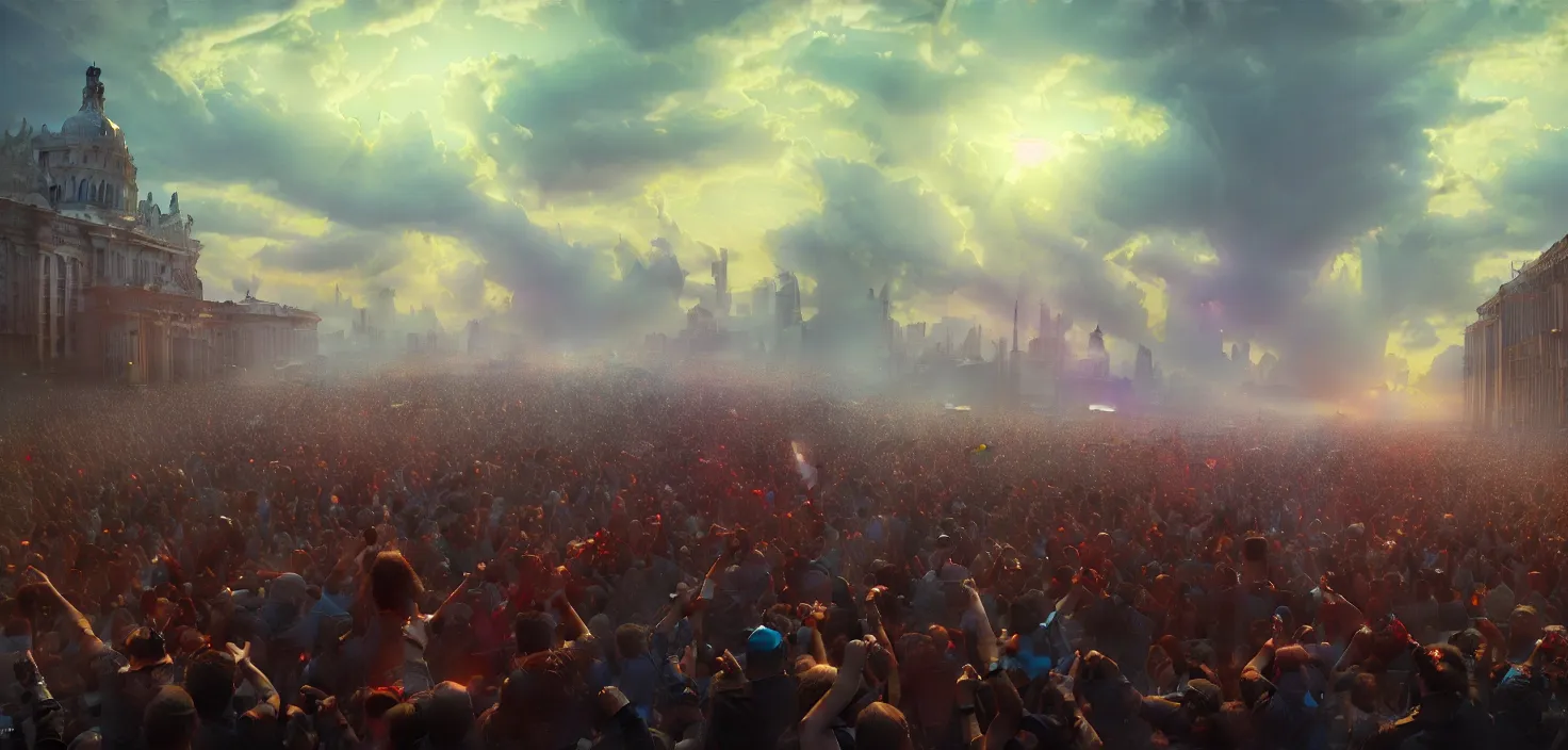 Image similar to painting of a crowd with raised arms pointing towardб demonstration, cinematic view, epic sky, detailed, concept art, low angle, high detail, warm lighting, volumetric, godrays, vivid, beautiful, trending on artstation, by jordan grimmer, huge scene, art greg rutkowski