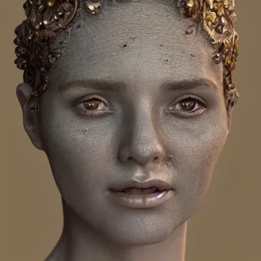 Image similar to beatifull face portrait of a woman, 150 mm, anatomical, flesh, flowers, mandelbrot fractal, facial muscles, veins, arteries, intricate, golden ratio, full frame, microscopic, elegant, highly detailed, ornate, ornament, sculpture, elegant , luxury, beautifully lit, ray trace, unreal, 3d, PBR, in the style of peter Gric , alex grey and Romero Ressendi