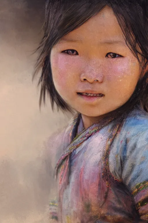 Image similar to Tibetan little girl, joyful, close-up portrait, intricate, elegant, volumetric lighting, scenery, digital painting, highly detailed, artstation, sharp focus, illustration, concept art, ruan jia, steve mccurry