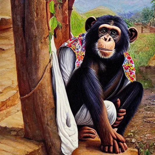 Image similar to beautiful painting by sophie anderson of a chimpanzee wearing traditional men kurdish clothes baggy pants and white shirt with a large sash tied around the waist in a kurdish village, award winning art, insanely detailed, bright colors, global illumination, cute, young, stunning