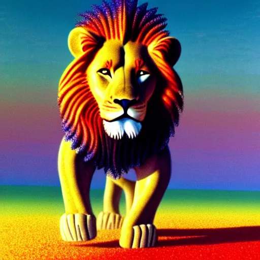 Prompt: lion made of rainbow sand, multicolor, very colourful, volumetric light, cinematic, extremely detailed, cgi, trending on artstation, hyper realistic, hd wallpaper, sharp, michael whelan, ted nasmith