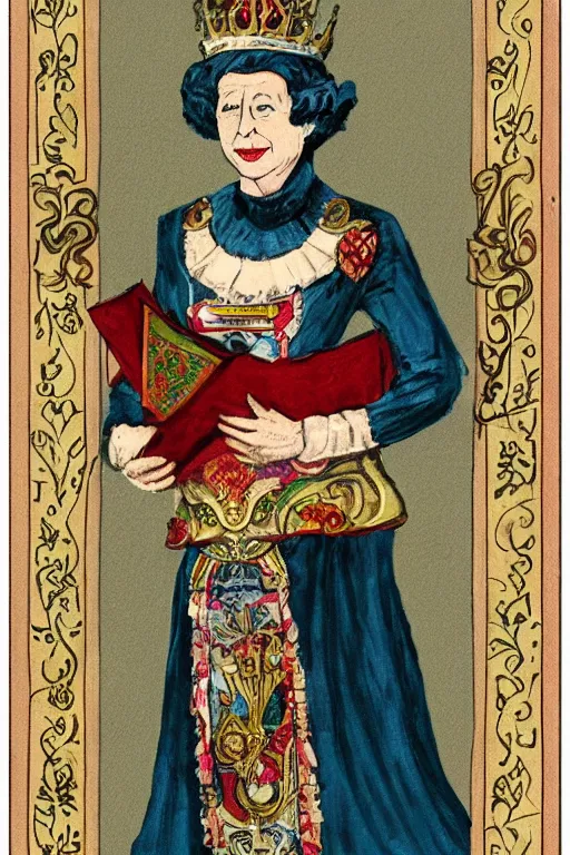 Image similar to queen elizabeth ii as quin of cards from alice in wonderlands