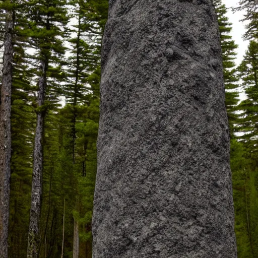 Prompt: a monolithic granite pillar in the boreal forest. overcast sky, grainy.