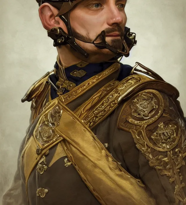 Prompt: portrait of an swiss man wearing a traditional nineteenth century swiss empire military uniform, metal shoulder pauldrons, intricate, highly detailed, digital painting, artstation, concept art, sharp focus, cinematic lighting, illustration, art by artgerm and greg rutkowski, alphonse mucha, cgsociety