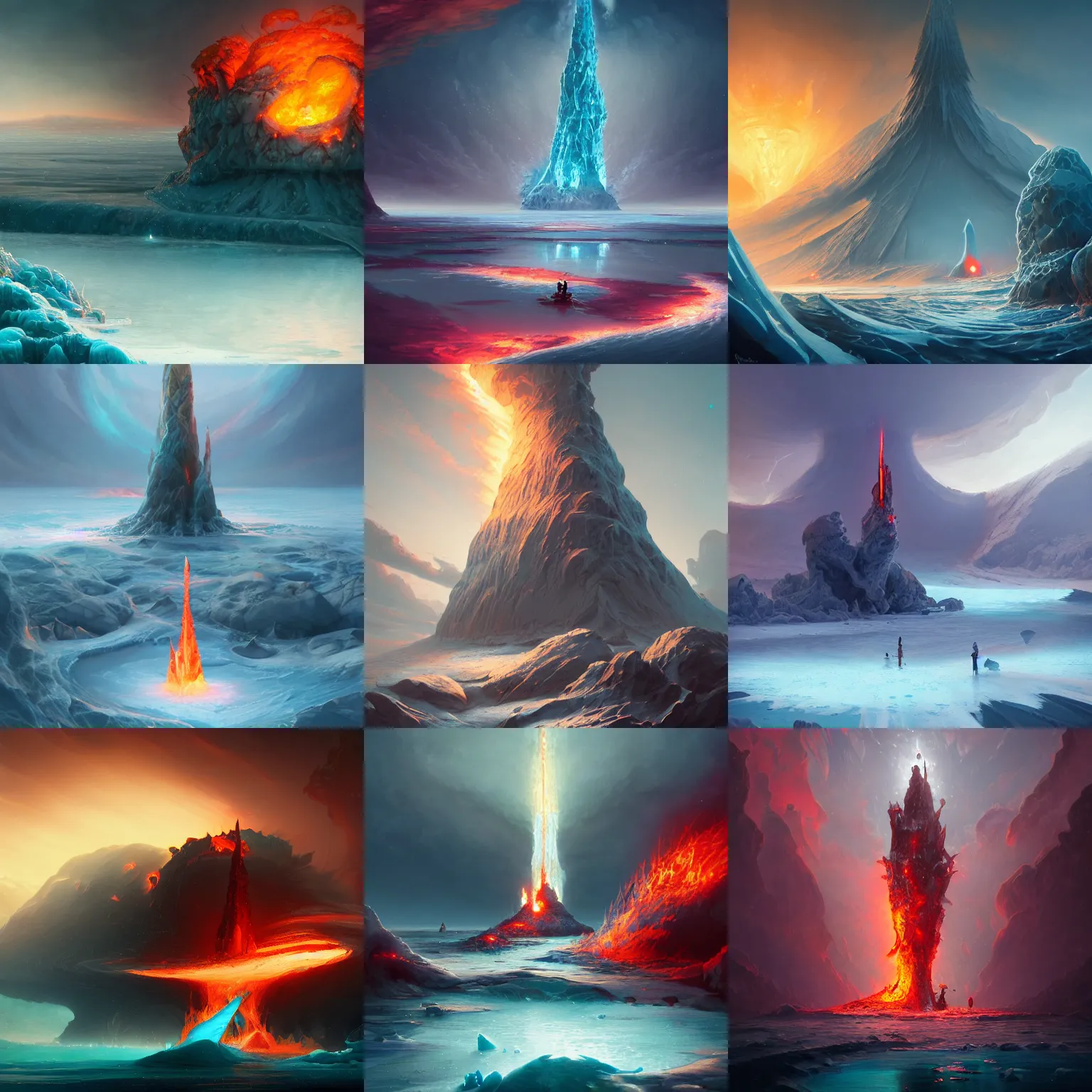 Prompt: frozen ocean with a spire spewing lava on its sides, by peter mohrbacher dan mumford craig mullins nekro, cgsociety, pixiv, volumetric light, 3 d render