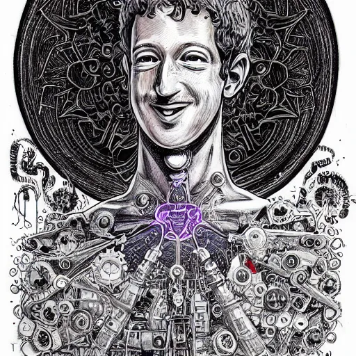 Image similar to the inner self of mark zuckerberg, clockwork engine, psychedelic, lsd, spiritual, mystical, epic beautifully detailed pen, ink and copic markers drawing by milo manara