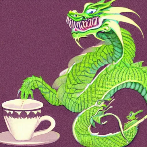 Image similar to a green dragon drinking a cup of tea