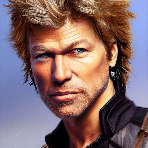 Image similar to john bon jovi portrait, intricate, highly detailed, digital painting, artstation, concept art, smooth, sharp focus, illustration, unreal engine 5, 8 k, art by artgerm and greg rutkowski and alphonse mucha