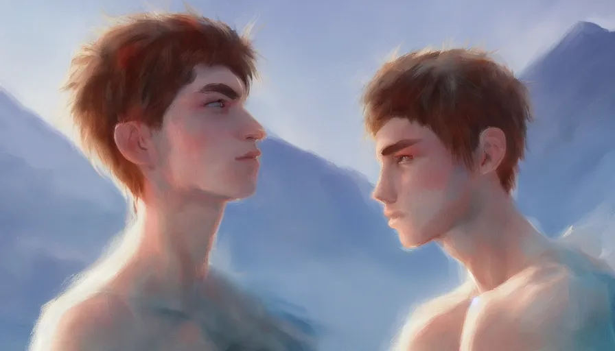 Image similar to gay twink, concept art by jama jurabaev, cinematic shot, trending on artstation, high quality, brush stroke, mountains