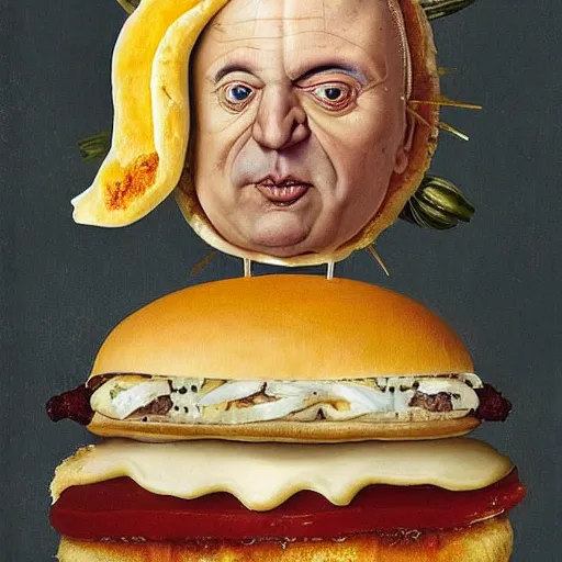 Image similar to a amazing new surrealist hybrid of the pope mixed with an anthropomorphic cheeseburger made of the popes face by giuseppe arcimboldo and kandinskali and catrin welz - stein, melting cheese, steamed buns, grilled artichoke, sliced banana, salami, milk duds, licorice allsort filling