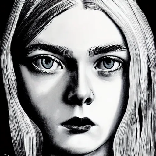 Image similar to professional painting of Elle Fanning in the style of Harvey Kurtzman, head and shoulders portrait, symmetrical facial features, smooth, sharp focus, illustration, intricate, stormy weather, extremely detailed masterpiece,