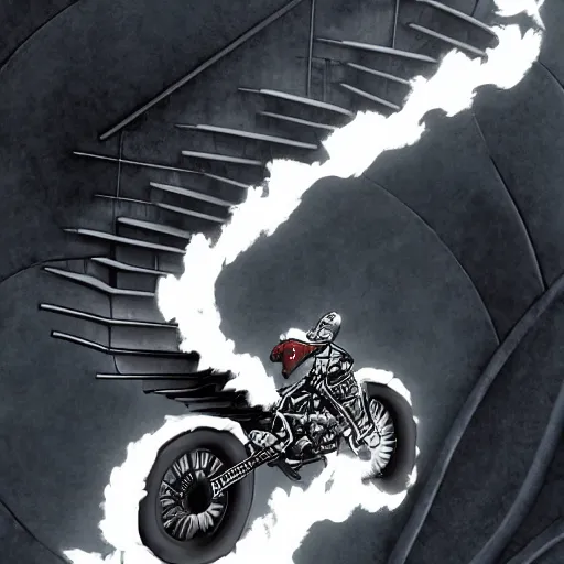 Prompt: fire - breathing jabberwock riding a motorbike down an escher staircase. hyperrealistic. high definition. trending on artstation.