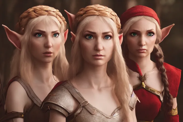 Prompt: a cinematic headshot portrait of three female elf warriors, 8 k, ultra realistic, dramatic lighting, mist