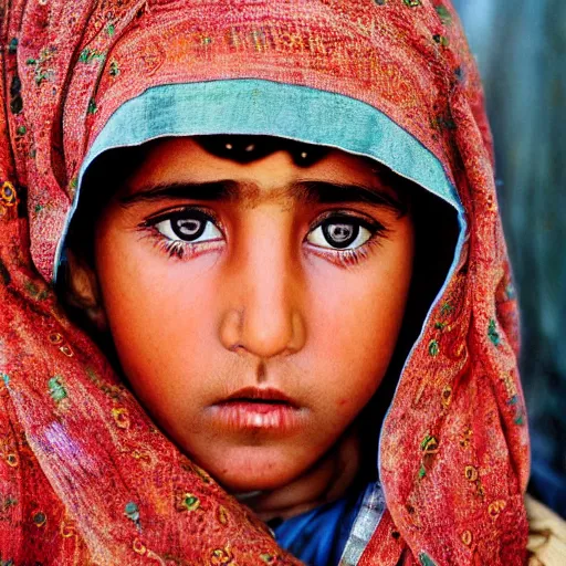 Image similar to nicholas cage as a little afghani girl close - up by steve mccurry