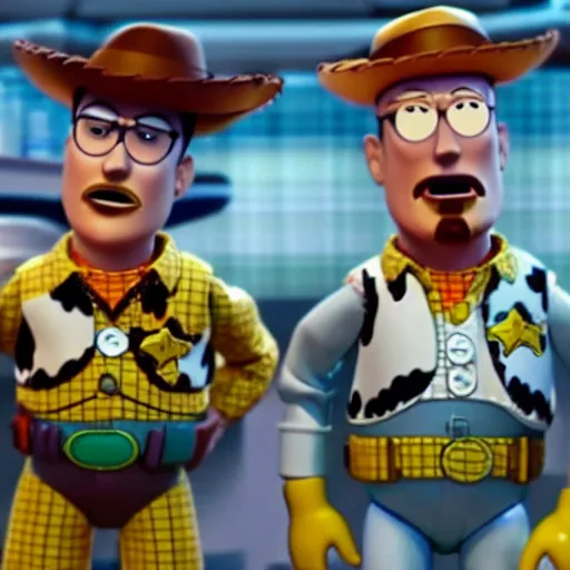 Image similar to walter white and jesse wearing lab gear in toy story