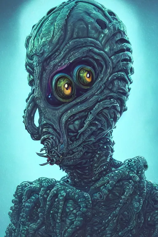 Image similar to rick and morty fused with lovecraft and vader helmet predator tentacle beard, realistic portrait, high details, intricate details, by vincent di fate, artgerm julie bell beeple, 90s, Smooth gradients, octane render, 8k, volumetric lightning, photo, High contrast, duo tone, depth of field, very coherent symmetrical artwork