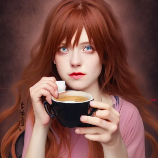 Image similar to a portrait of a girl drinking coffee , fantasy, anime , madhouse production, HDR, natural light, shoulder level shot, dynamic pose, award winning photograph, Mucha style 4k,