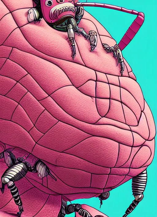 Prompt: caricature picture of a human beetle, pink insects, professionally color graded, interesting angle, sharp focus, 8 k high definition, insanely detailed, intricate, funny, art by jacob shaw and studio ghibli