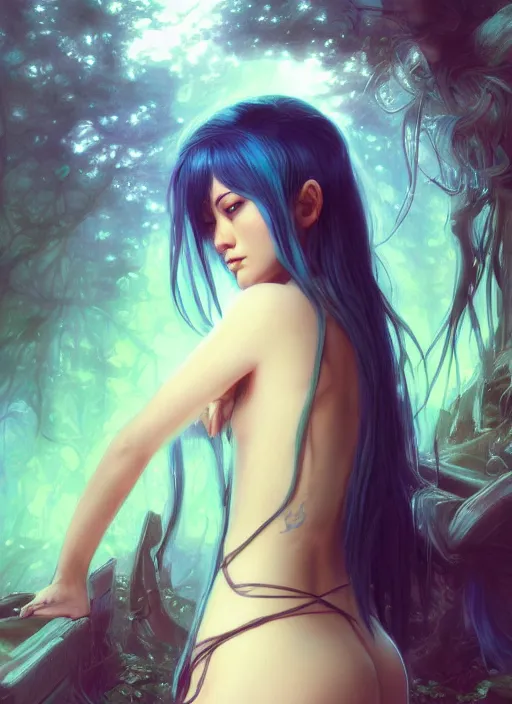 Image similar to stunningly beautiful female blue hair, dj sura face, fantasy art, fae priestess, lush forest landscape, dark light night, sharp focus, digital painting, 8 k, concept art, art by wlop, artgerm, greg rutkowski and alphonse mucha