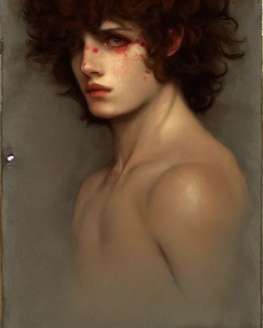 Prompt: a beautiful but sinister young man in layers of fear, with haunted eyes and curly hair, 1 9 7 0 s, seventies, delicate embellishments, a little blood, crimson, painterly, offset printing technique, by alexandre cabanel