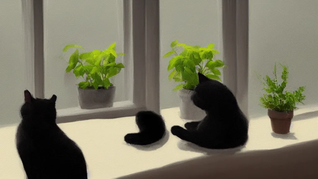 Image similar to peaceful dreamy painting of a content black cat sitting by a window and looking outside, sunshine coming through the window, small plants on the window sill, 8k, hyper realism, trending on artstation, octane render, oil painting