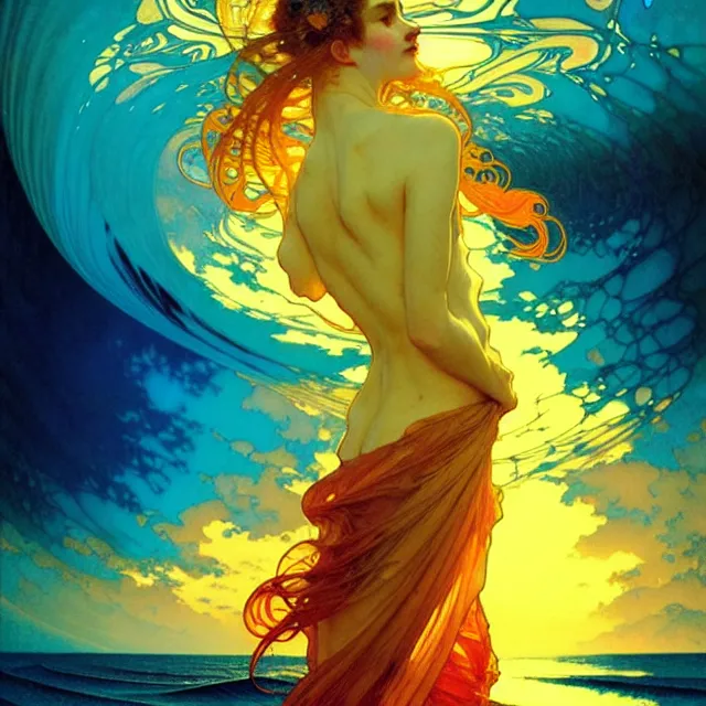 Image similar to mind bending indigo ocean waves of glossy psychedelic liquid honey flowing like kaleidoscopic translucent amber, lsd waves, honey ripples, dramatic sunset, refracted lighting, art by collier, albert aublet, krenz cushart, artem demura, alphonse mucha