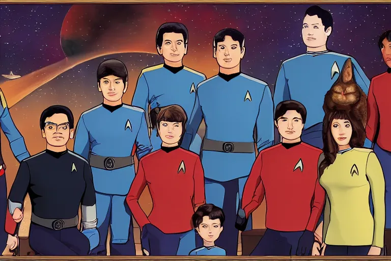 Prompt: star trek next generation bridge crew, family portrait, in style of hayao miyazaki