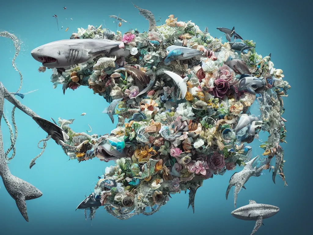 Image similar to a sculpture of ocean shark intertwined, a lovely cornucopia of flowers and human body parts, elegantly, highly detailed, octane render, cinematic, shock, sharp focus