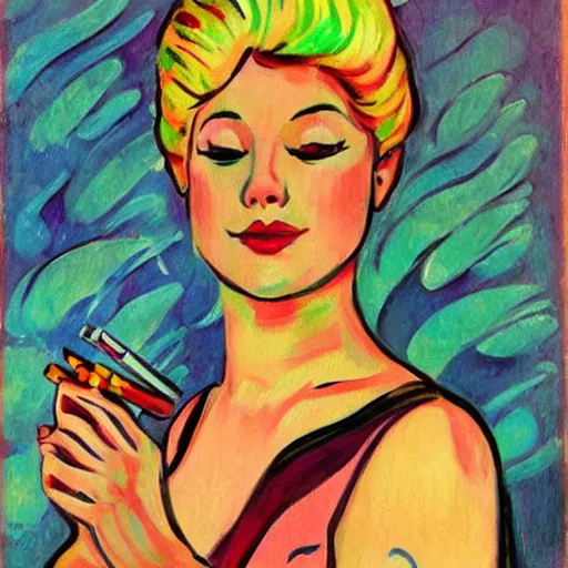 Prompt: a beautiful blond Princess smoking a cigarette in a zen garden, fauvism, trending on artstation,