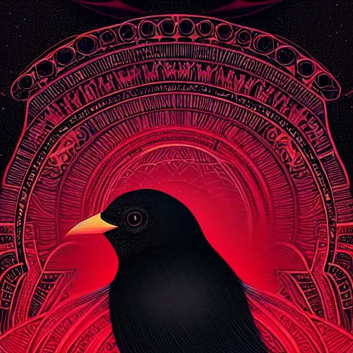 Image similar to beautiful digital fantasy illustration of a black bird with a red background, poster art by victo ngai, behance contest winner, vanitas, wiccan, tarot card, behance hd, high detail texture, unreal engine, 8 k, photographic quality, ultra hyper realistic quality, 8 k definiton, hyper - realistic, cinematic, cinematic lighting