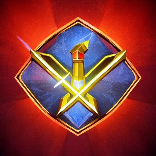 Image similar to game - icon of medieval swords crossed on a prism, red powerful fantasy epic legends, game icon stylized, digital illustration radiating, a glowing aura, global illumination, ray tracing, 8 k high definition, intricate details, octane render, unreal engine, trending on arstation