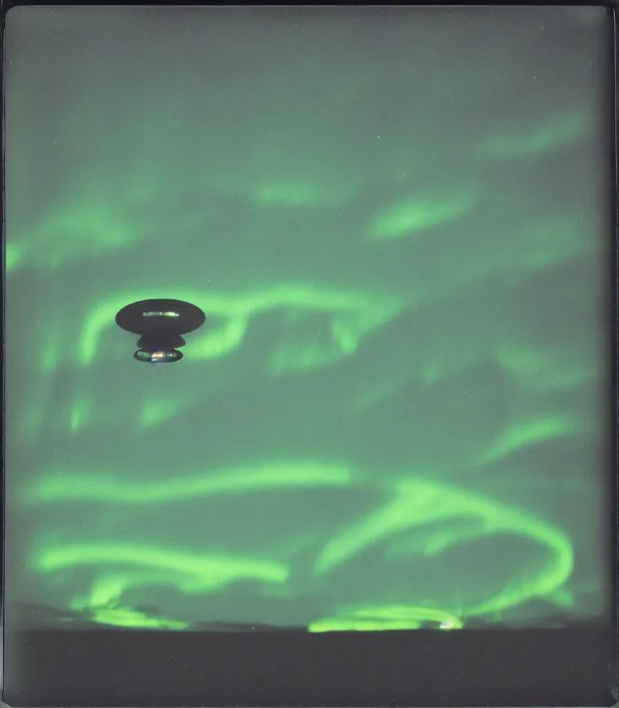 Image similar to polaroid photo of a clear UFO encounter in the artic, large black triangle with lights in each corner, aurora borealis, HD scan,