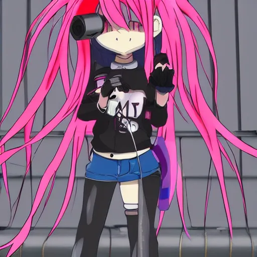 Prompt: anime girl with eccentric clothes, long spiky pink hair, cel - shading, 2 0 0 1 anime, flcl, jet set radio future, golden hour, underground facility, underground tunnel, pipes, rollerbladers, rollerskaters, cel - shaded, jsrf, strong shadows, vivid hues, y 2 k aesthetic