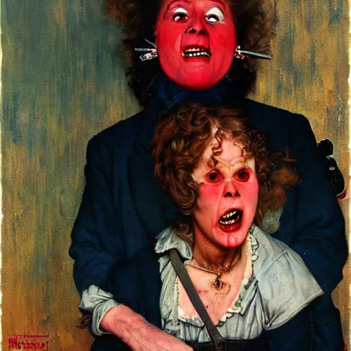 Prompt: Front portrait of a cackling punk woman with a red face. A painting by Norman Rockwell.